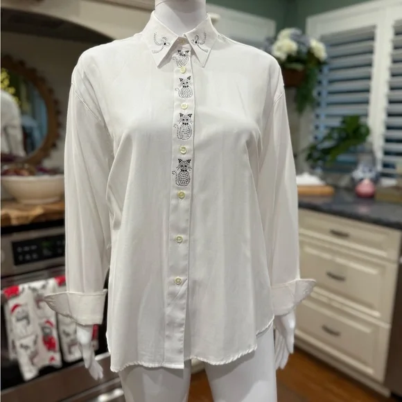 Christine Alexander Elegant White Cat and Bow Rhinestone Button Down Blouse M - Picture 6 of 13